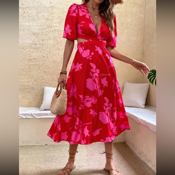 Boho red pink floral print cutout maxi dress - Picture 5 of 6